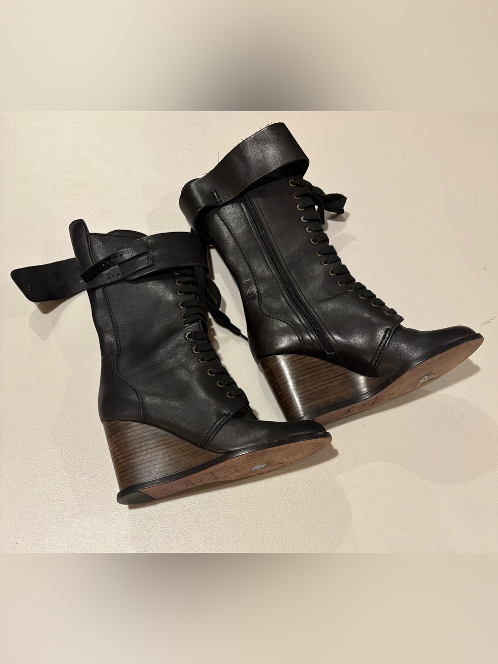 See By Chloe Irlanda Black Leather Lace Up Wedge Boots Vintage Rare 38.5 8.5